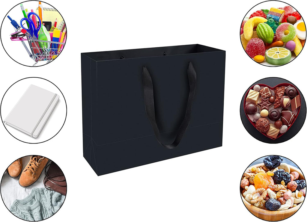 Large Paper Gift Bags with Handles, Black, 20 Pack, 13x5x10 IN