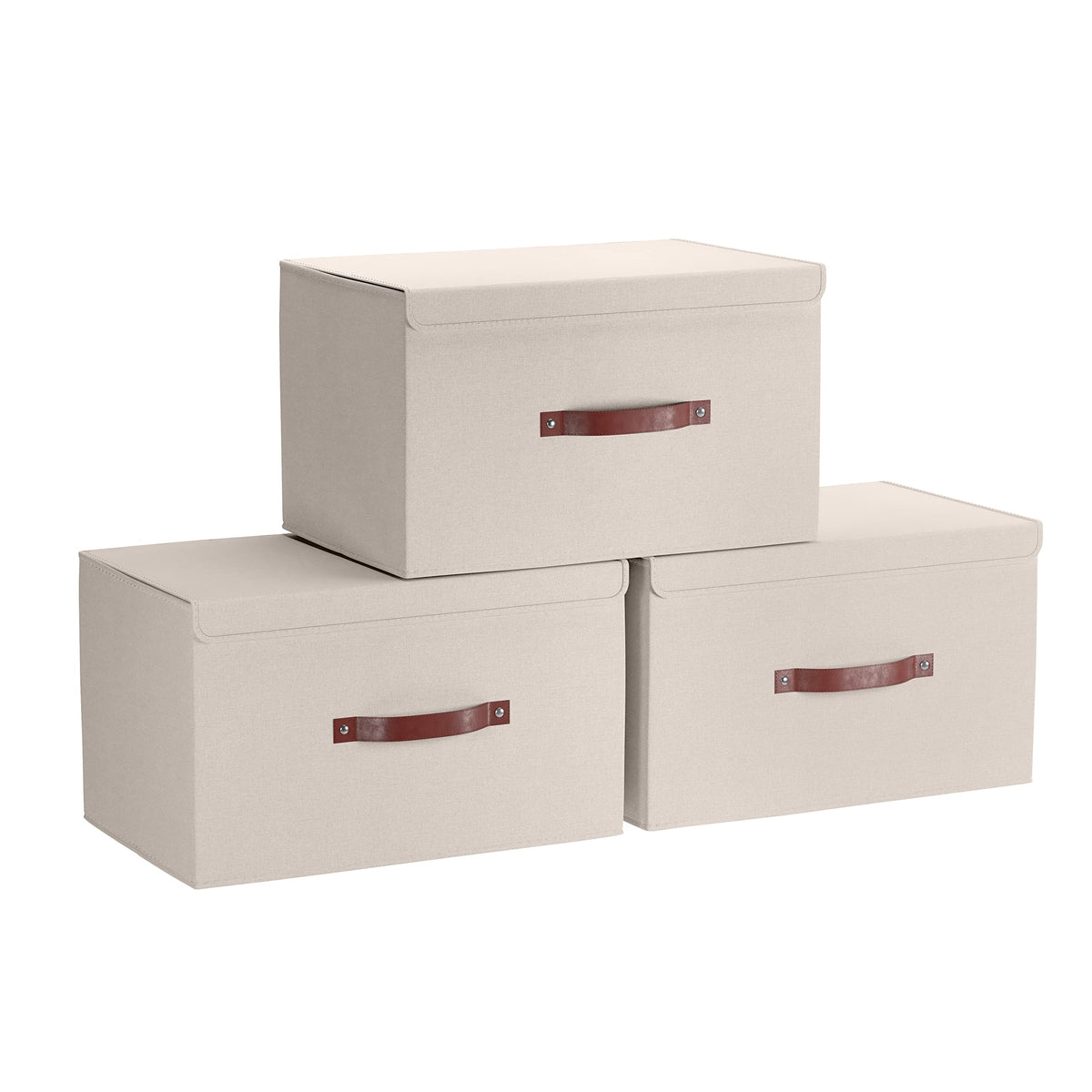 3 Pack Collapsible Storage Bins with Lid, 15x10x9, Beige