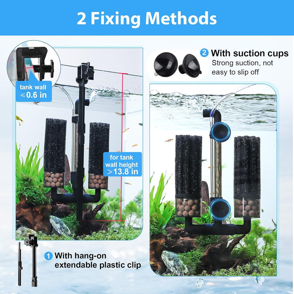 Aquarium Double Sponge Filter: Upgraded Sponge Filter with Larger Filtration Area, Come with Extendable Clip, 2 Spare