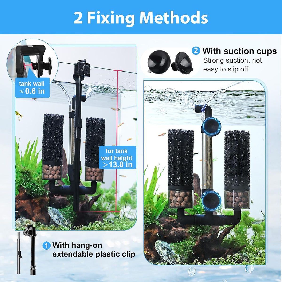 Aquarium Double Sponge Filter: Upgraded Sponge Filter with Larger Filtration Area, Come with Extendable Clip, 2 Spare