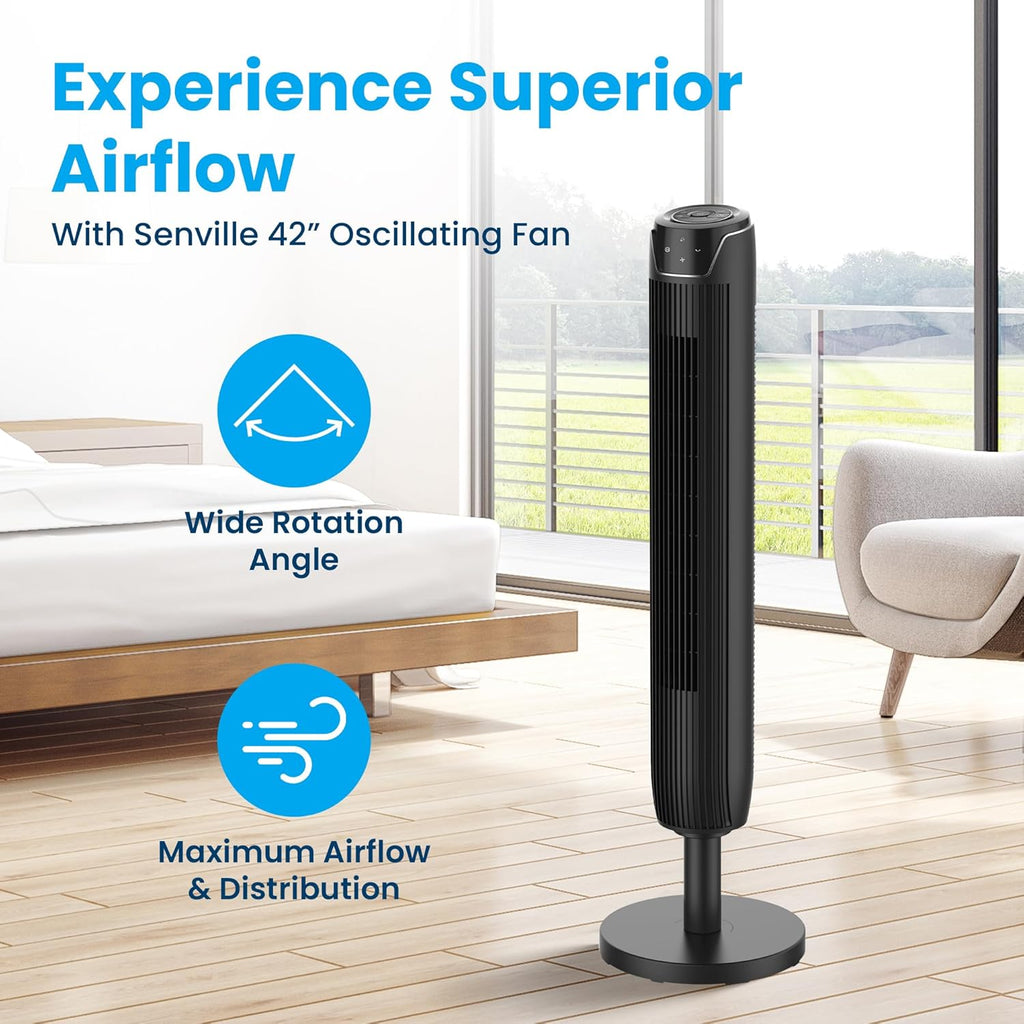 Bladeless Oscillating Tower Fan for Bedroom, Remote, Quiet, Black | 42in Height, LED Display, 3 Speed Modes, 7-Hour