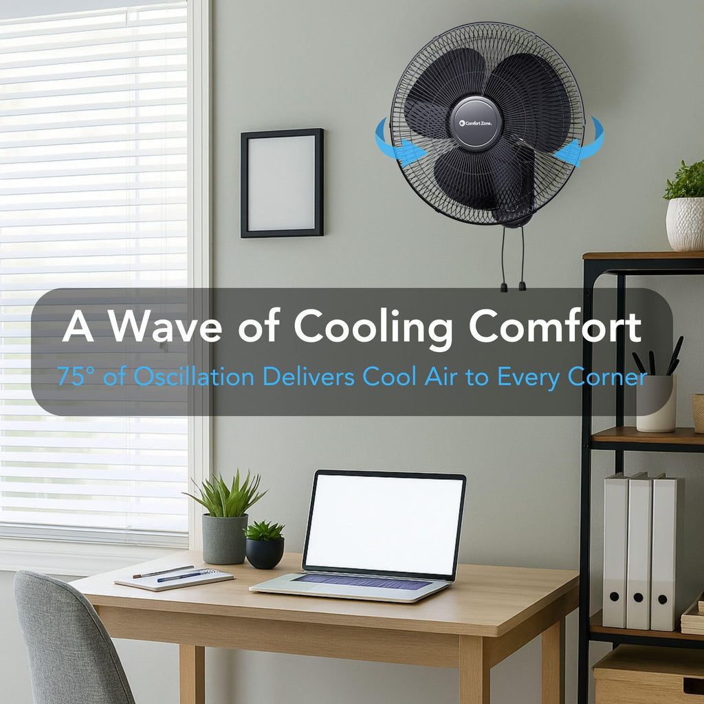 16" Oscillating Wall Mount Fan with Pull Chain - Black