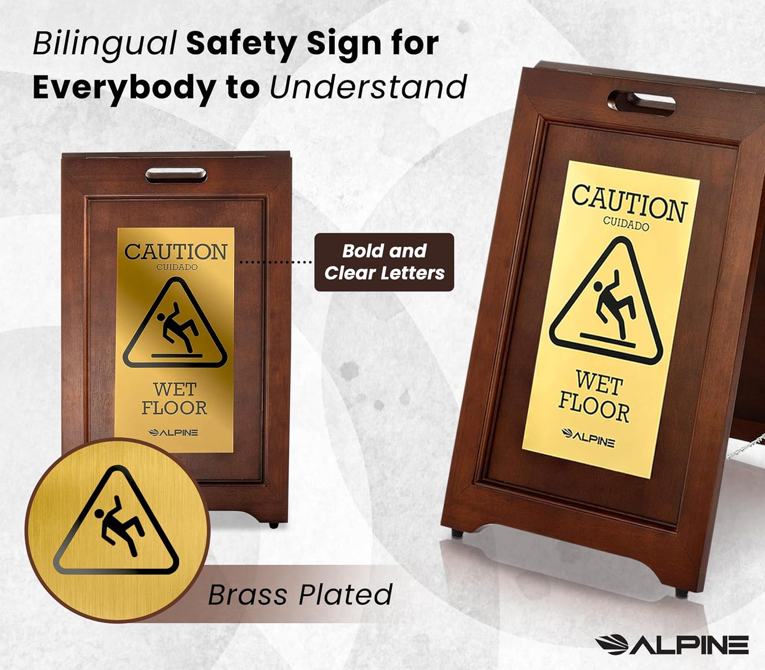 Wooden Caution Wet Floor Sign Slippery A-Frame with Bold Bilingual Safety Message, High-Grade Wood Finish
