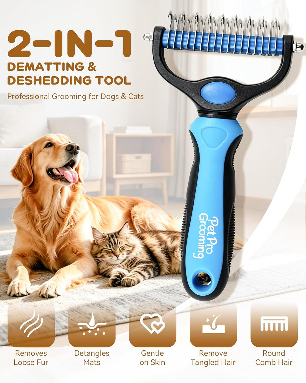 Tool, 2-In-1 Double-Sided Grooming Tool, Deshedding Dog Brush, Pet Shedding Remover Rounded-Tooth Comb For Painlessly