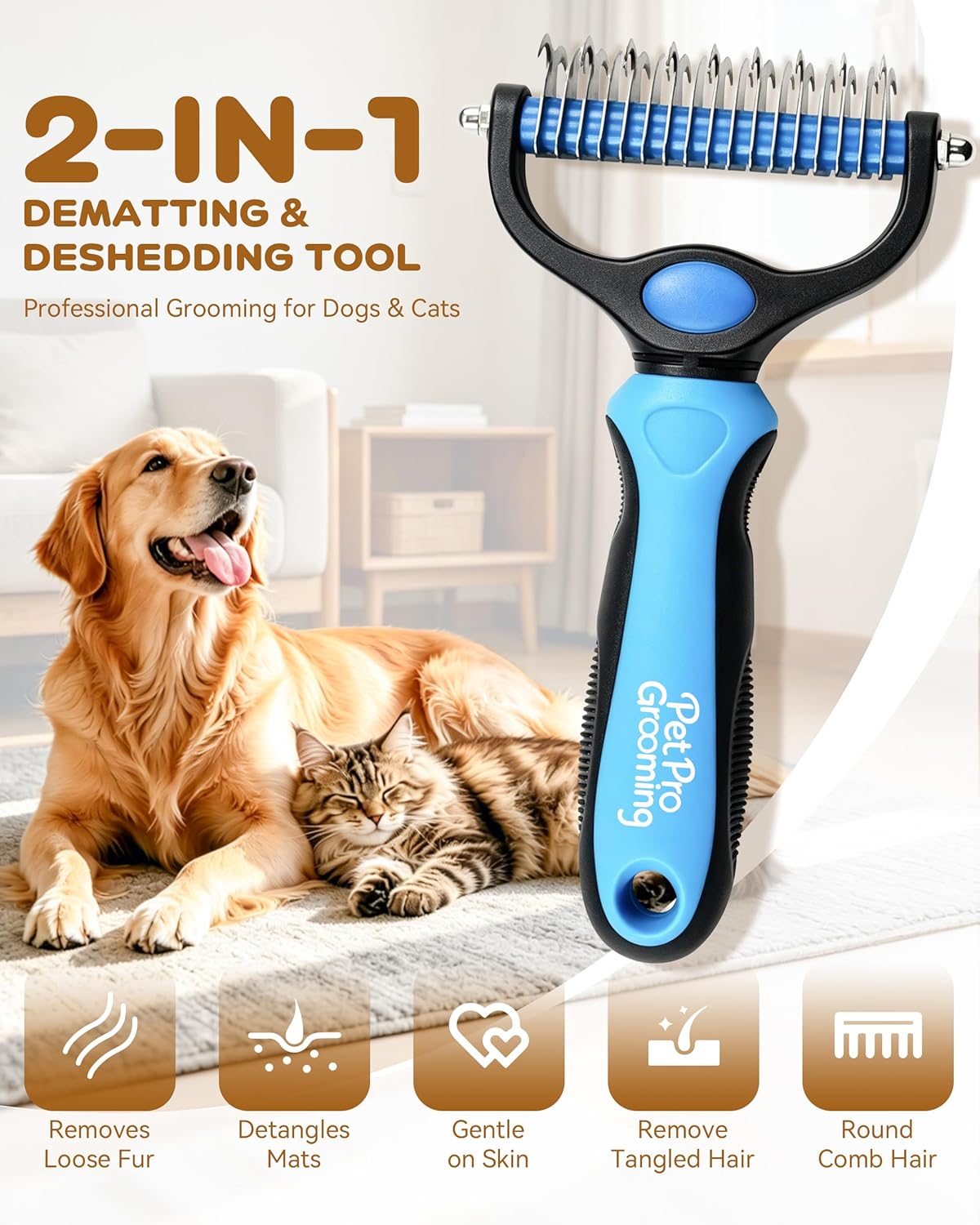 Tool, 2-In-1 Double-Sided Grooming Tool, Deshedding Dog Brush, Pet Shedding Remover Rounded-Tooth Comb For Painlessly