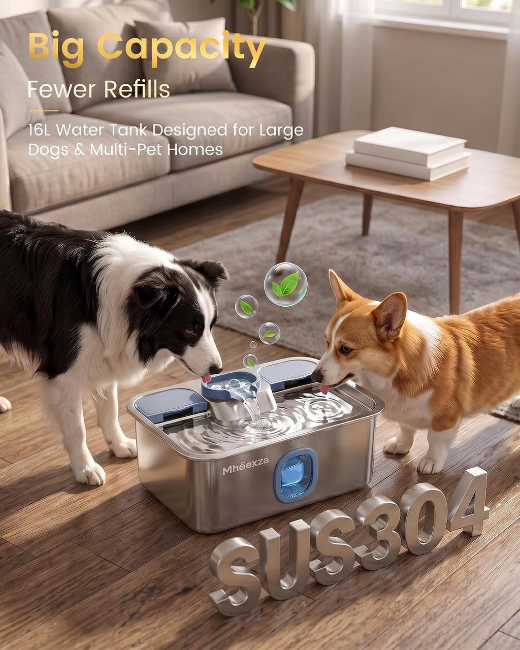 16L Stainless Steel Dog Water Fountain with Dual 5-Layer Filtration System