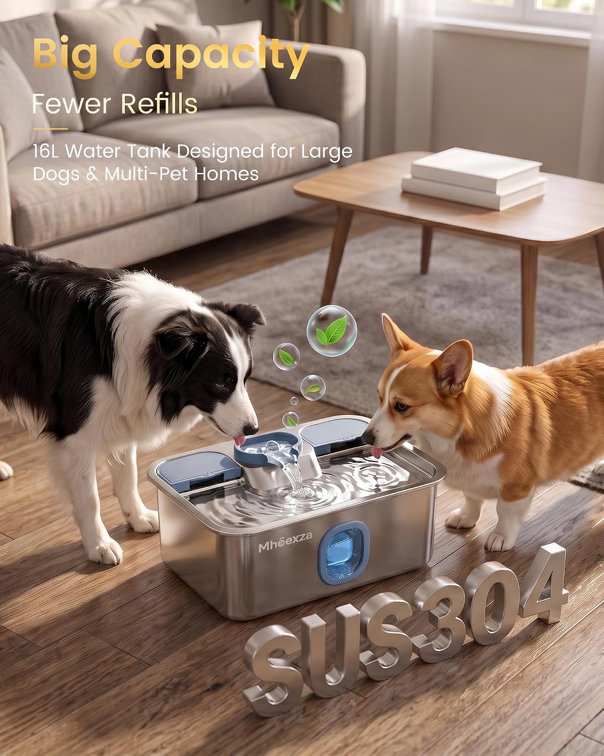 16L Stainless Steel Dog Water Fountain with Dual 5-Layer Filtration System