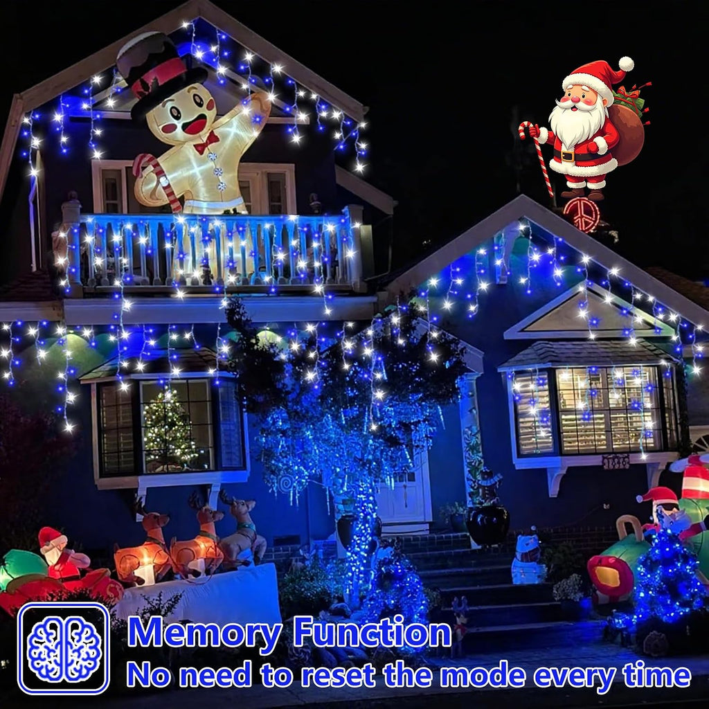 Blue and White Icicle Lights for Outside, 33ft 400 LED String Light Indoor Plug in, 8 Modes Connectable Icicle