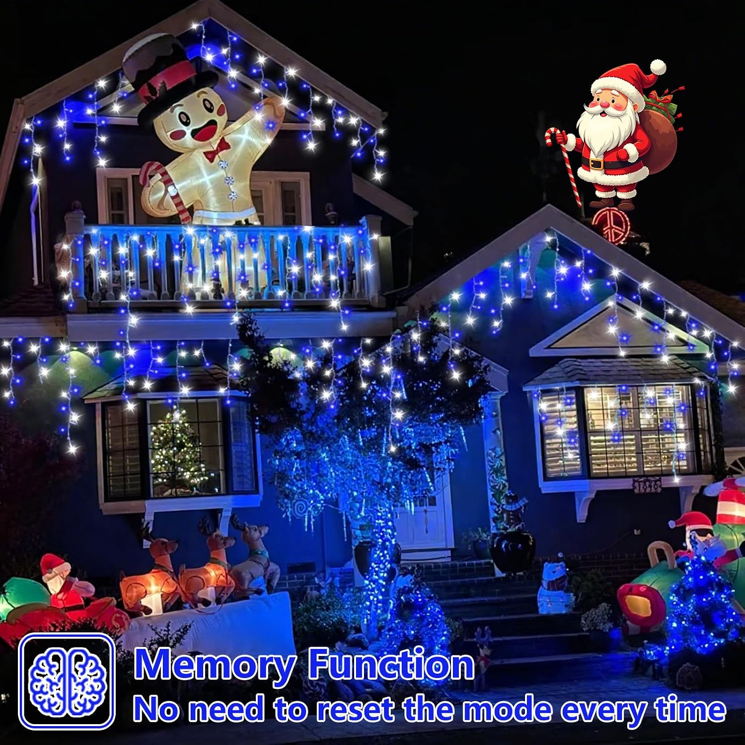 Blue and White Icicle Lights for Outside, 33ft 400 LED String Light Indoor Plug in, 8 Modes Connectable Icicle