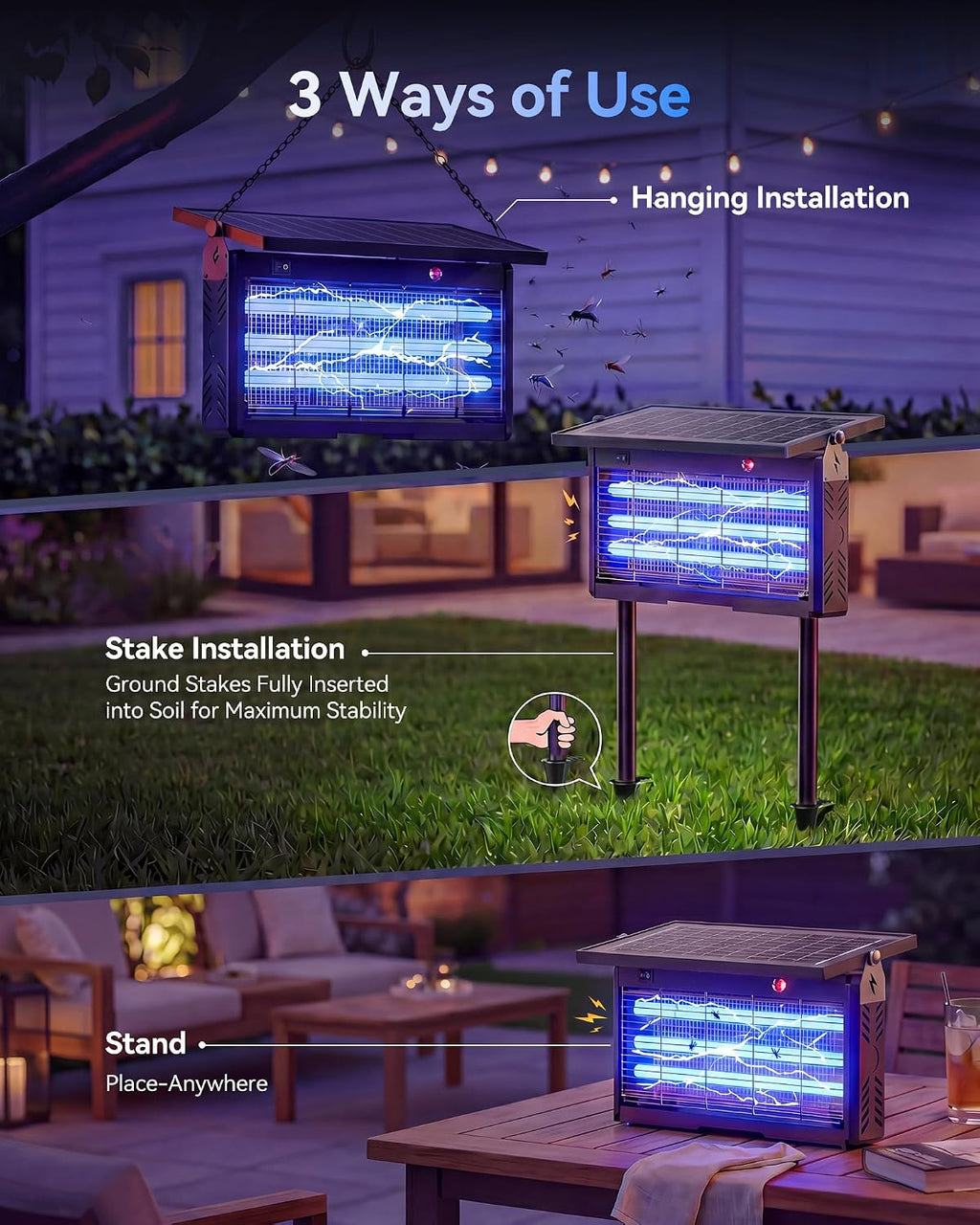 Solar Bug Zapper Outdoor, Mosquito Zapper Waterproof | Electric Fly Zapper Rechargeable Mosquito Killer, Cordless Fly