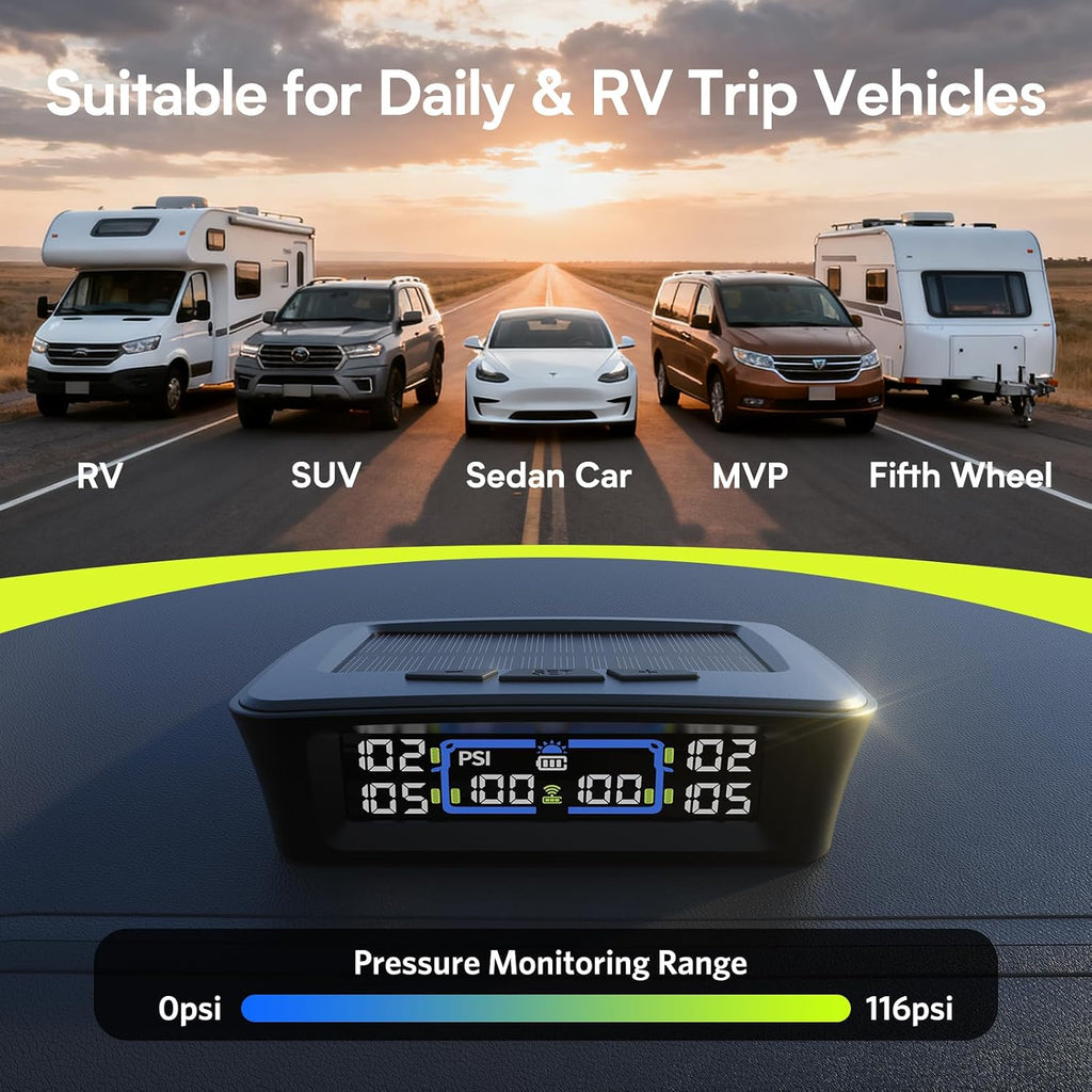 TM12 RV Tire Pressure Monitoring System, TPMS Set of 4 Sensors | Max. 12 Tires Info Monitoring, 6-Tire Display, 6