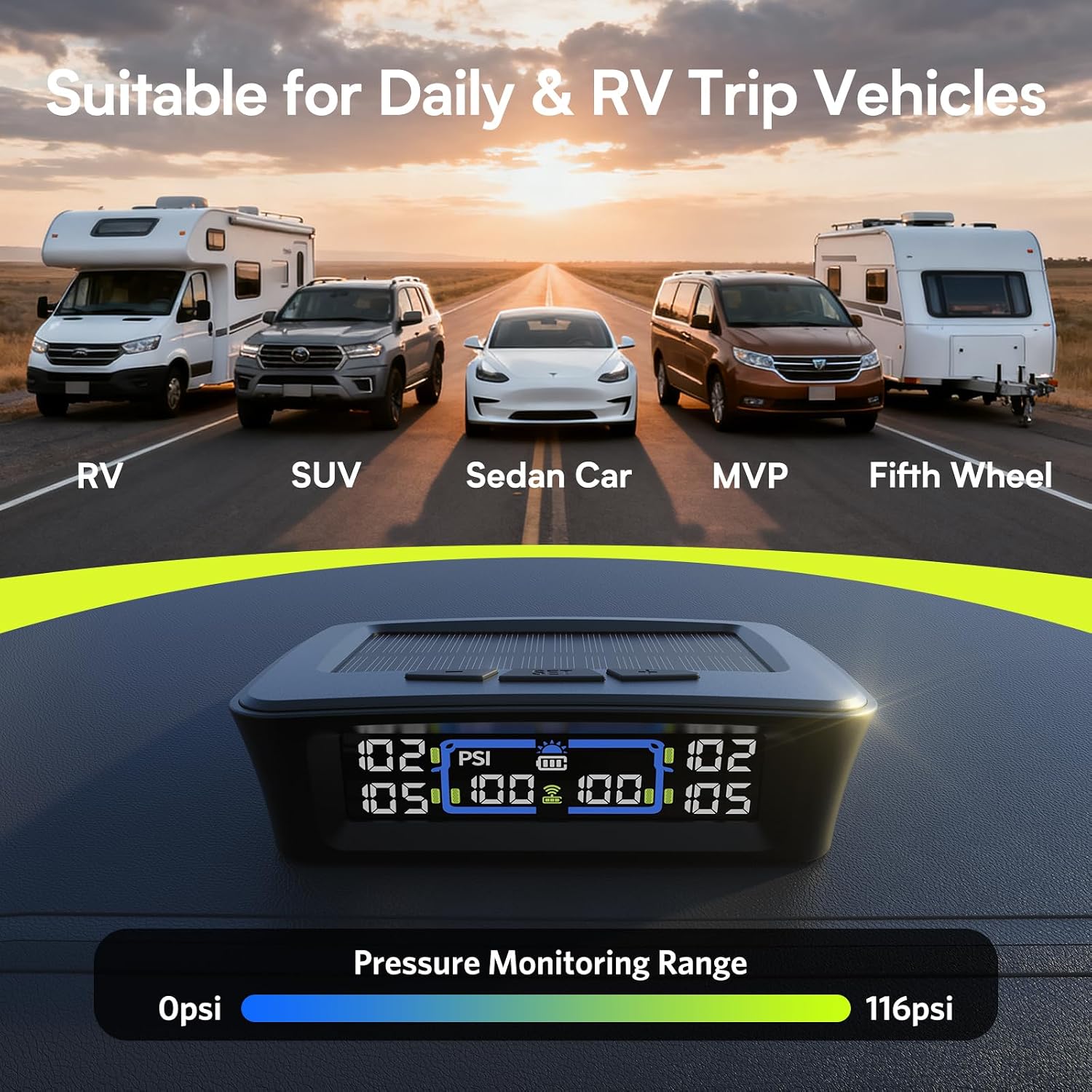 TM12 RV Tire Pressure Monitoring System, TPMS Set of 4 Sensors | Max. 12 Tires Info Monitoring, 6-Tire Display, 6