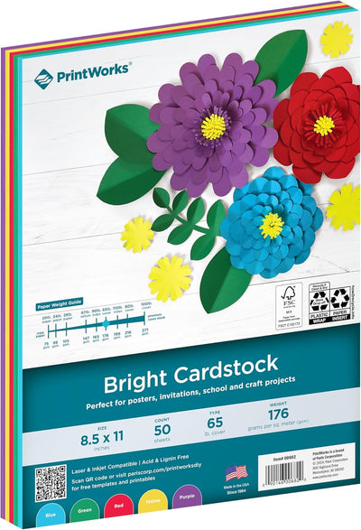 Bright Cardstock 8.5" x 11" - 50 Sheets - 5 Assorted Primary Colors - Ideal for School & Craft Projects - 65 lb/176