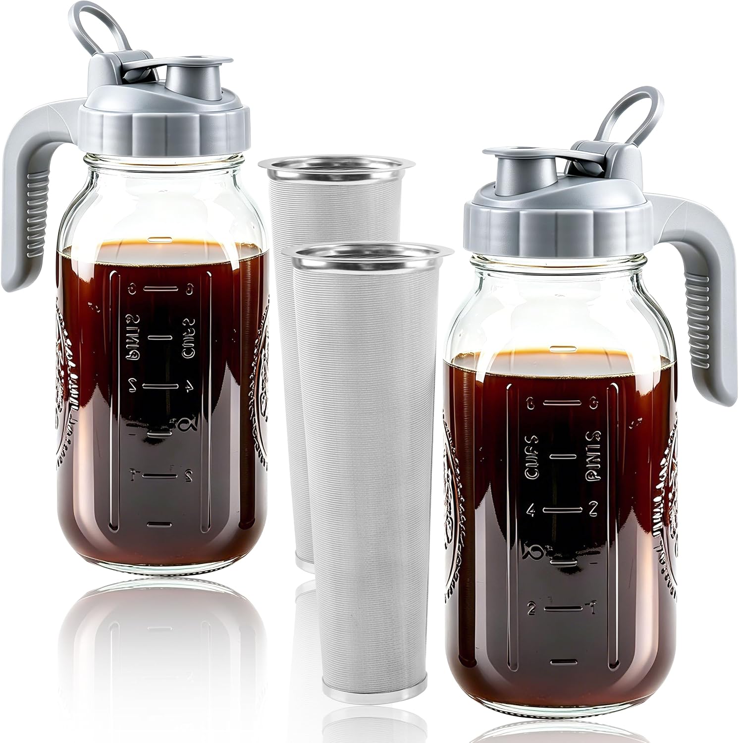 Cold Brew Coffee Maker 64oz Glass Mason Jar Pitcher with Pour Spout Lid | Airtight & Leak-Proof Glass Iced Coffee