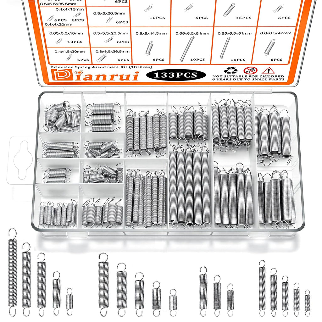 133 PCS Extension Spring Assortment Kit 18 Different Sizes Small Spring Zinc Plated Extension Springs for Home