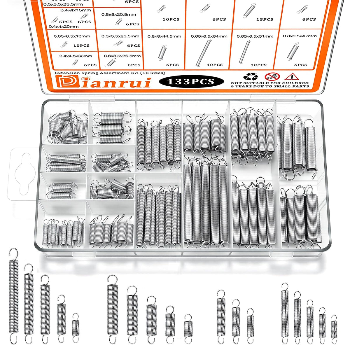 133 PCS Extension Spring Assortment Kit 18 Different Sizes Small Spring Zinc Plated Extension Springs for Home
