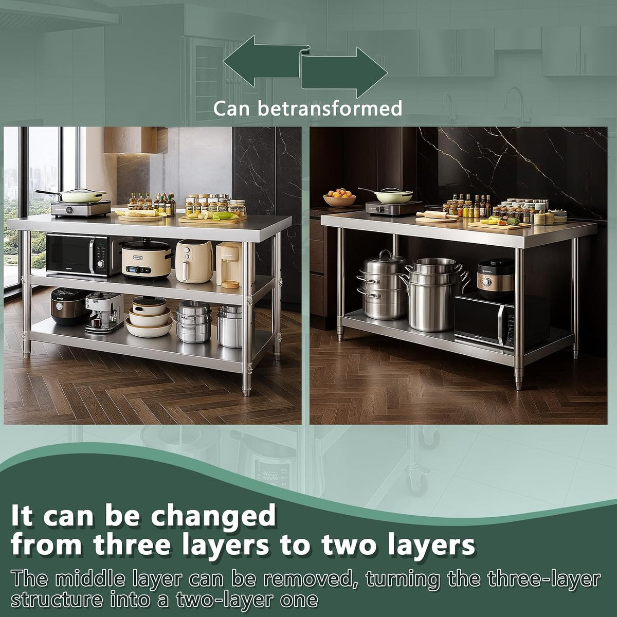 Stainless Steel Table with Wheels for Food Preparation and Work, Multi-Size Optional, Three-Layer Variable Two-Layer