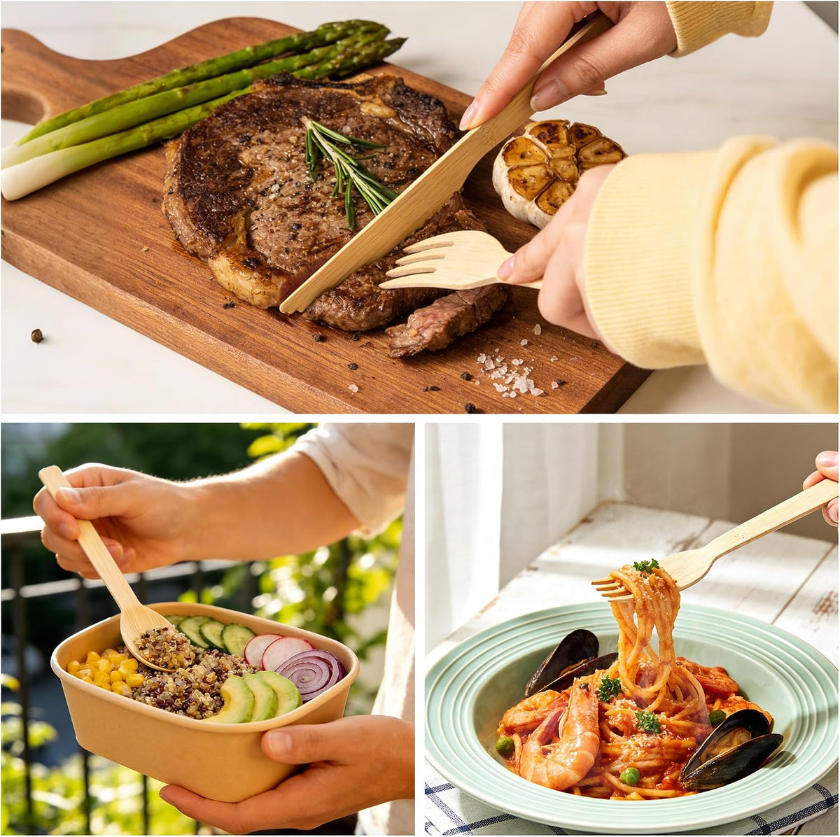 Pre-Rolled Bamboo Cutlery Set, Compostable Utensils with Napkins