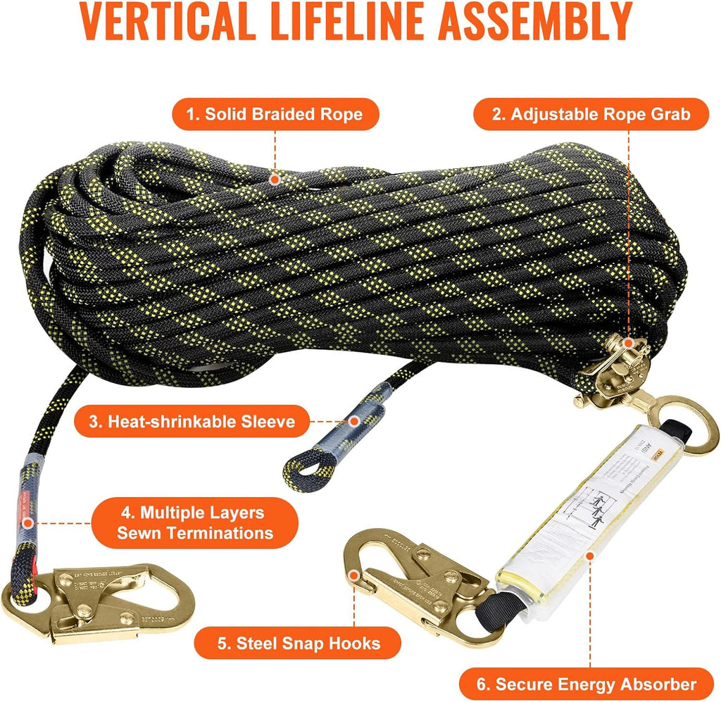 Vertical Lifeline Assembly, 0.55'' x 50' Fall Protection Rope with 30 KN Breaking Tension, Polyester Roofing Rope