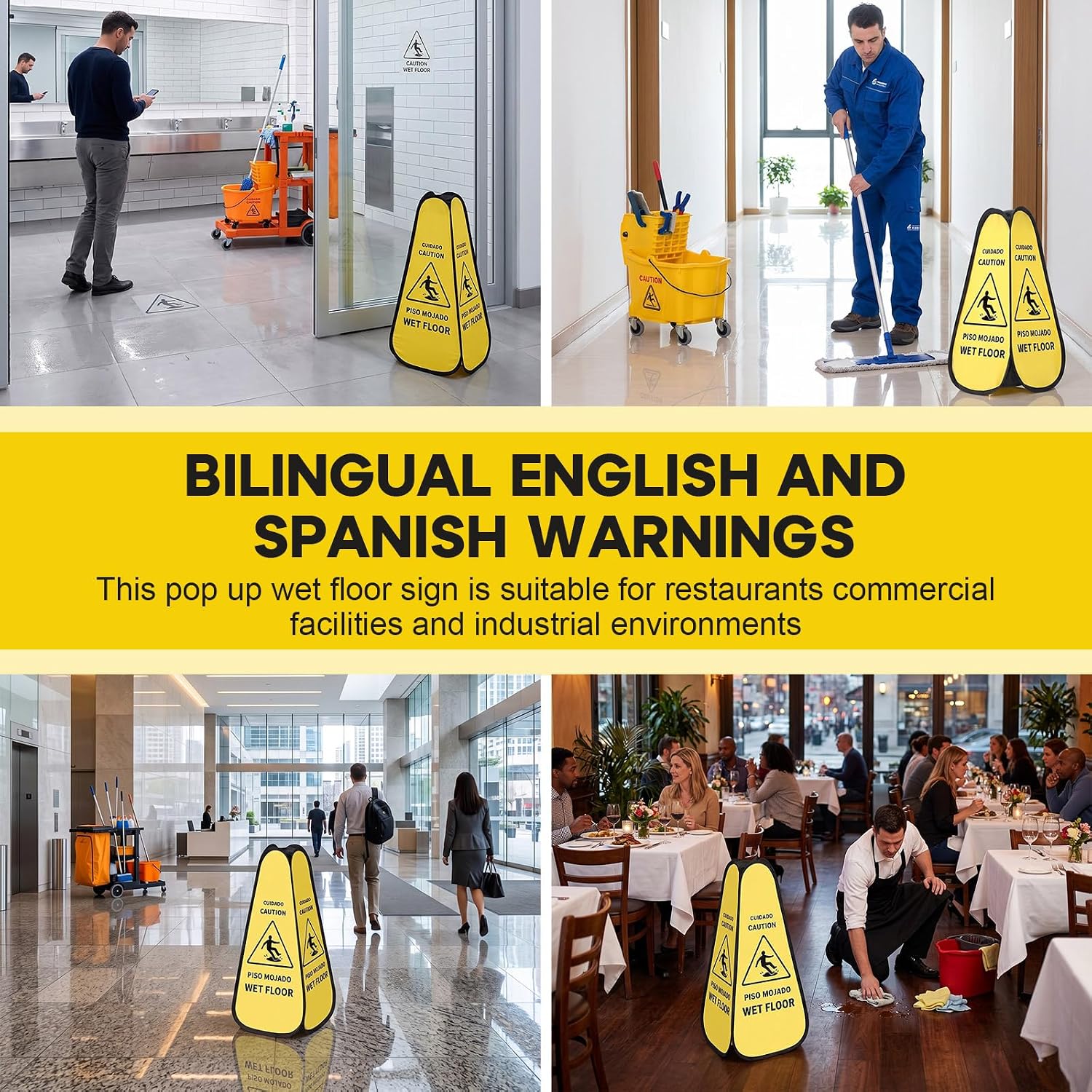 12 Pcs 24 Inches Pop up Wet Floor Sign Yellow 4-sided Foldable Bilingual Caution Wet Floor Sign Safety Warnings