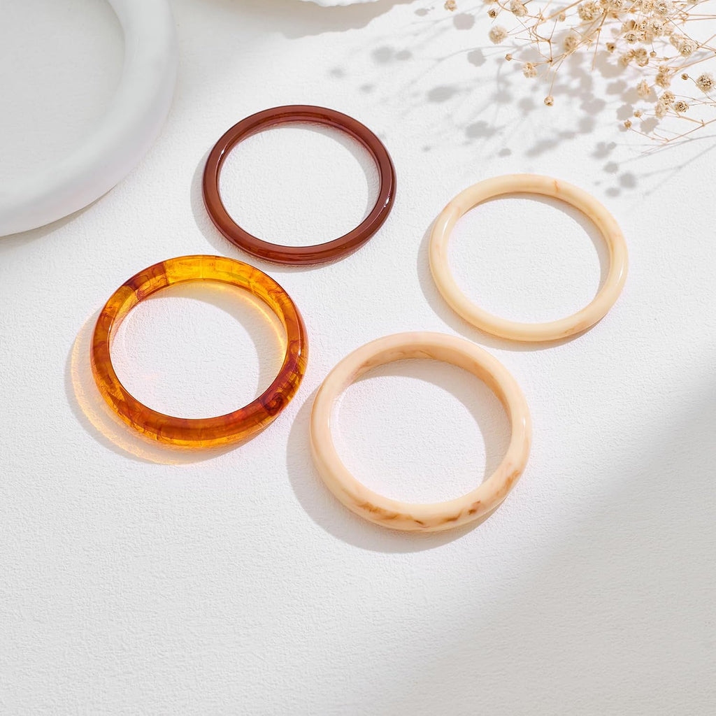 4Pcs Resin Acrylic Bangle Bracelets Set for Women Stackable White Brown Acetate Resin Bangles Geometric Chunky