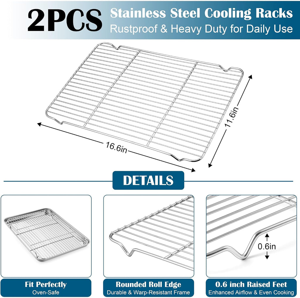 Baking Sheet with Wire Rack (2 Pans + 2 Racks), Large Stainless Steel Cookie Sheets Pan & Cooling Rack for Baking