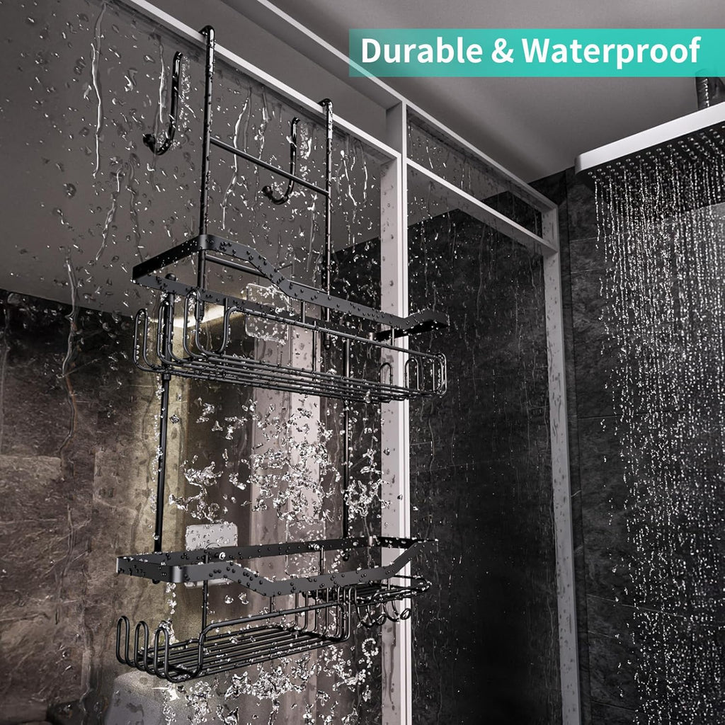 Hanging Shower Caddy Over the Door with Soap Holder, No Drilling Adhesive Shower Organizer with 11 Hooks, Rustproof &