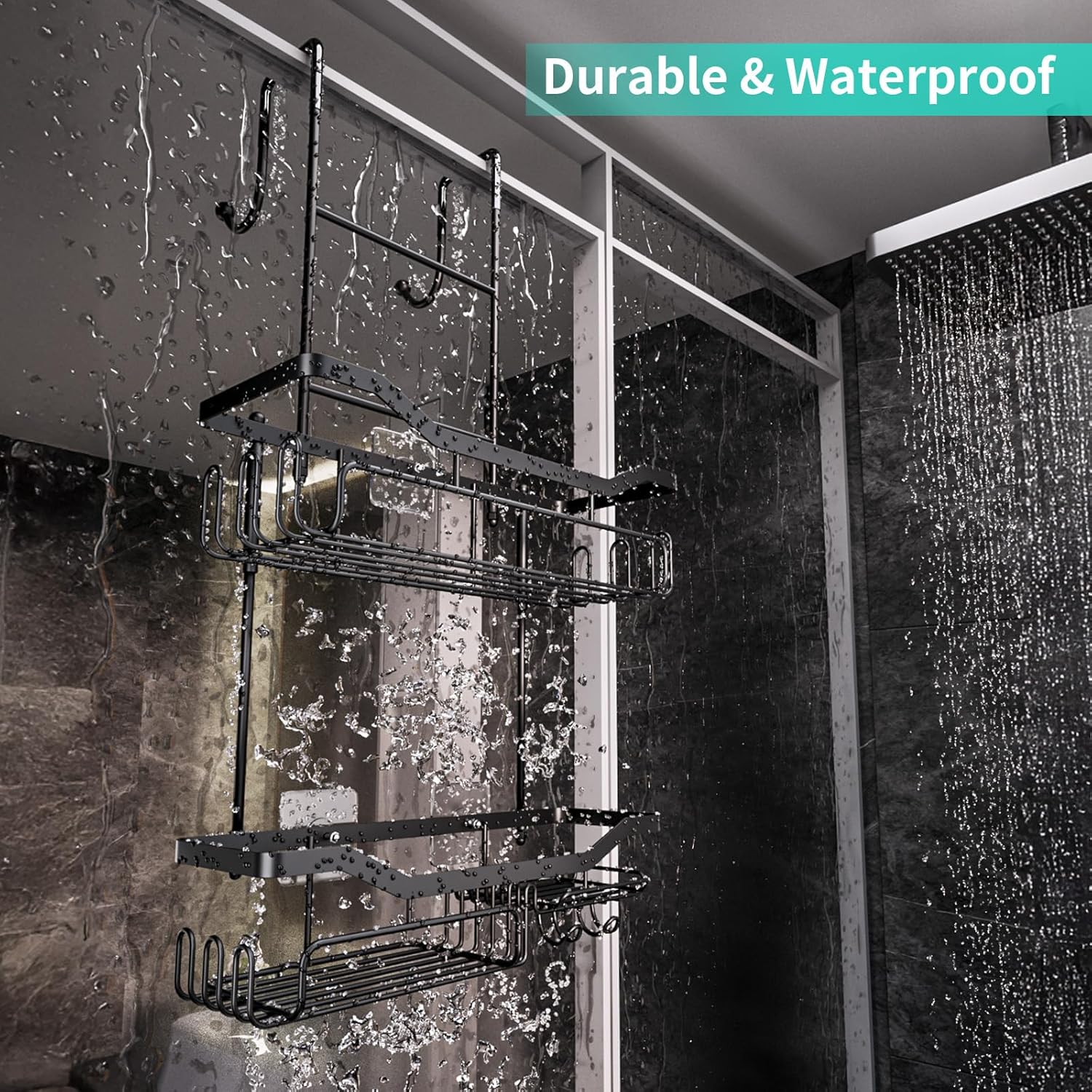 Hanging Shower Caddy Over the Door with Soap Holder, No Drilling Adhesive Shower Organizer with 11 Hooks, Rustproof &
