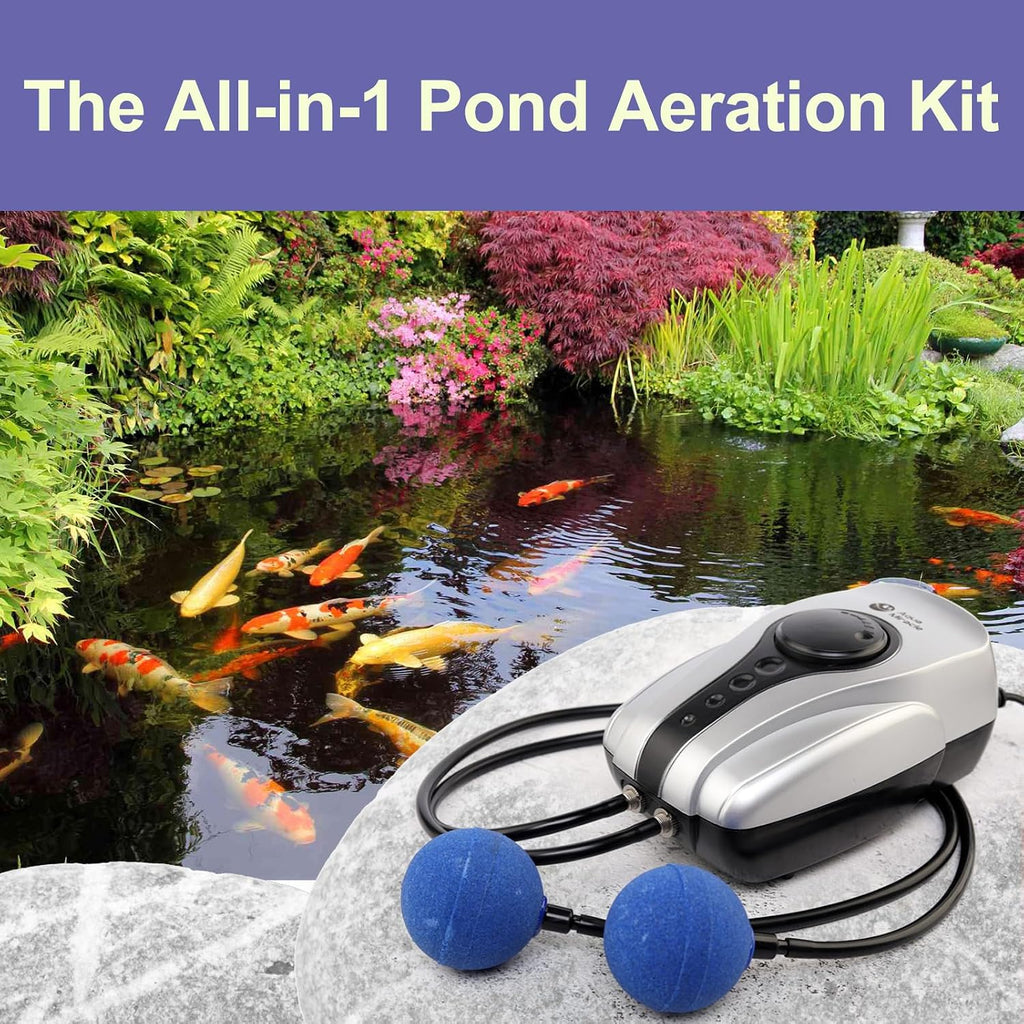 All-in-One Koi Pond Aerator for Outdoor Pond up to 1000 Gallons, Air Pump Aeration Kit with 2 Outlets Air Stones