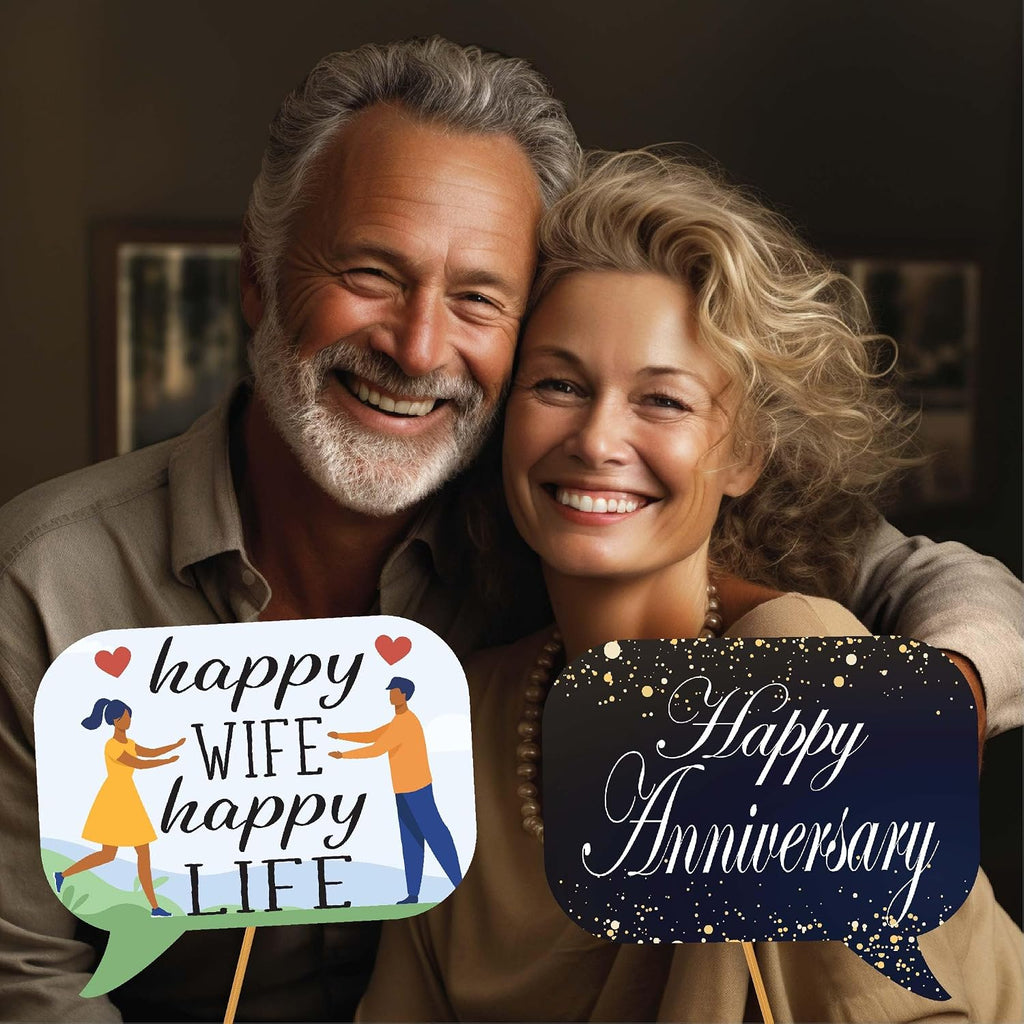 Anniversary Photo Booth Props - 41-pc Photobooth Kit with 8 x 10-Inch Sign, 60 Adhesive Pads, 45 Sticks - Wedding