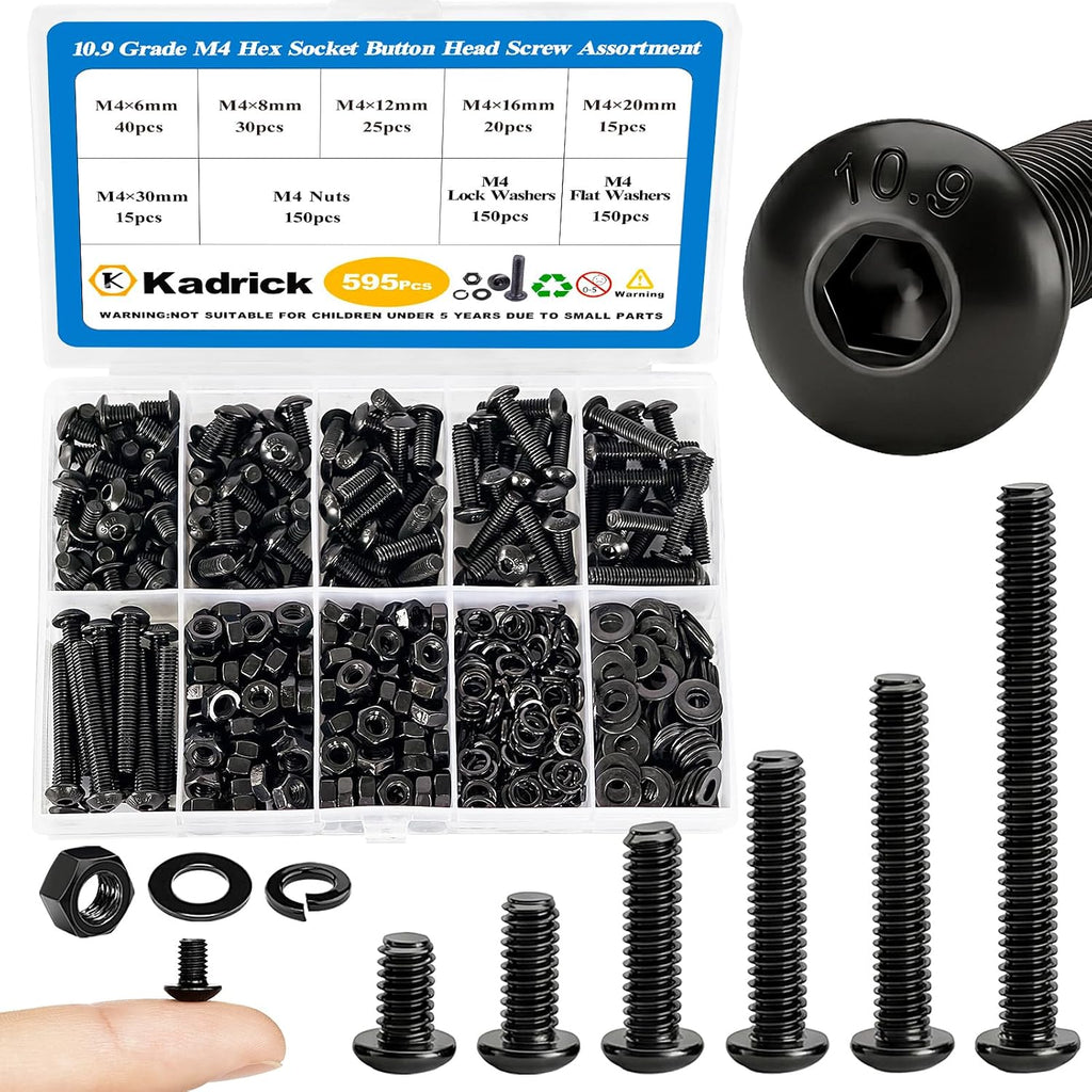 KADRICK 595Pcs M4 Screw Kit,Hex Socket Button Head M4 Bolts Length 6MM-30MM
