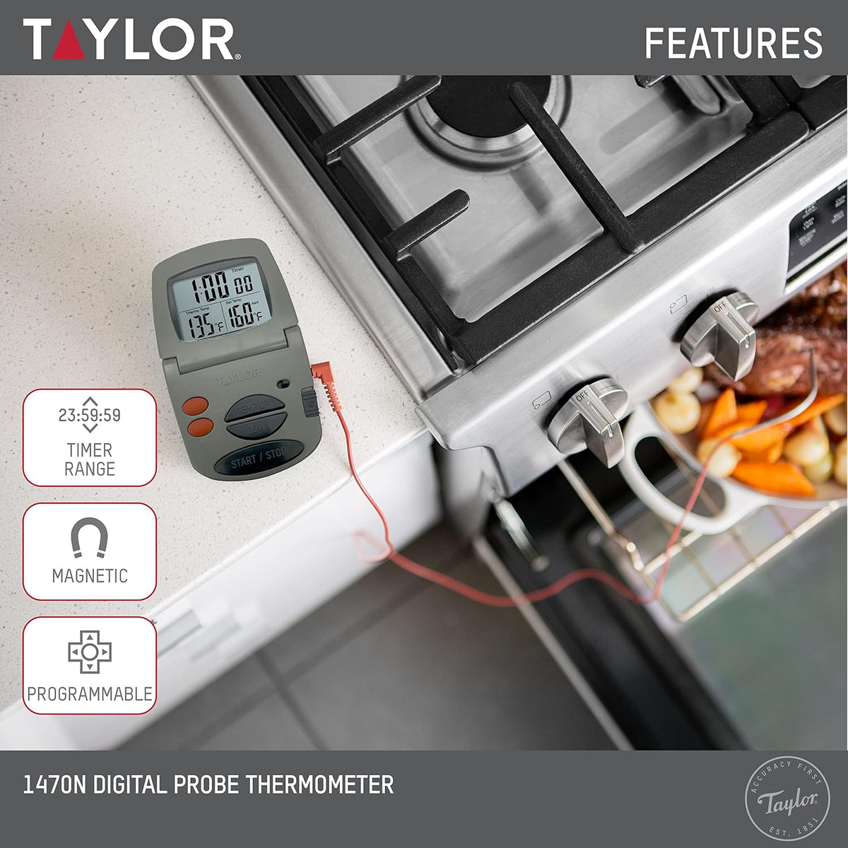 Precision Products Programmable with Timer Instant Read Wired Probe Digital, Meat, Food, Grill BBQ Cooking Kitchen