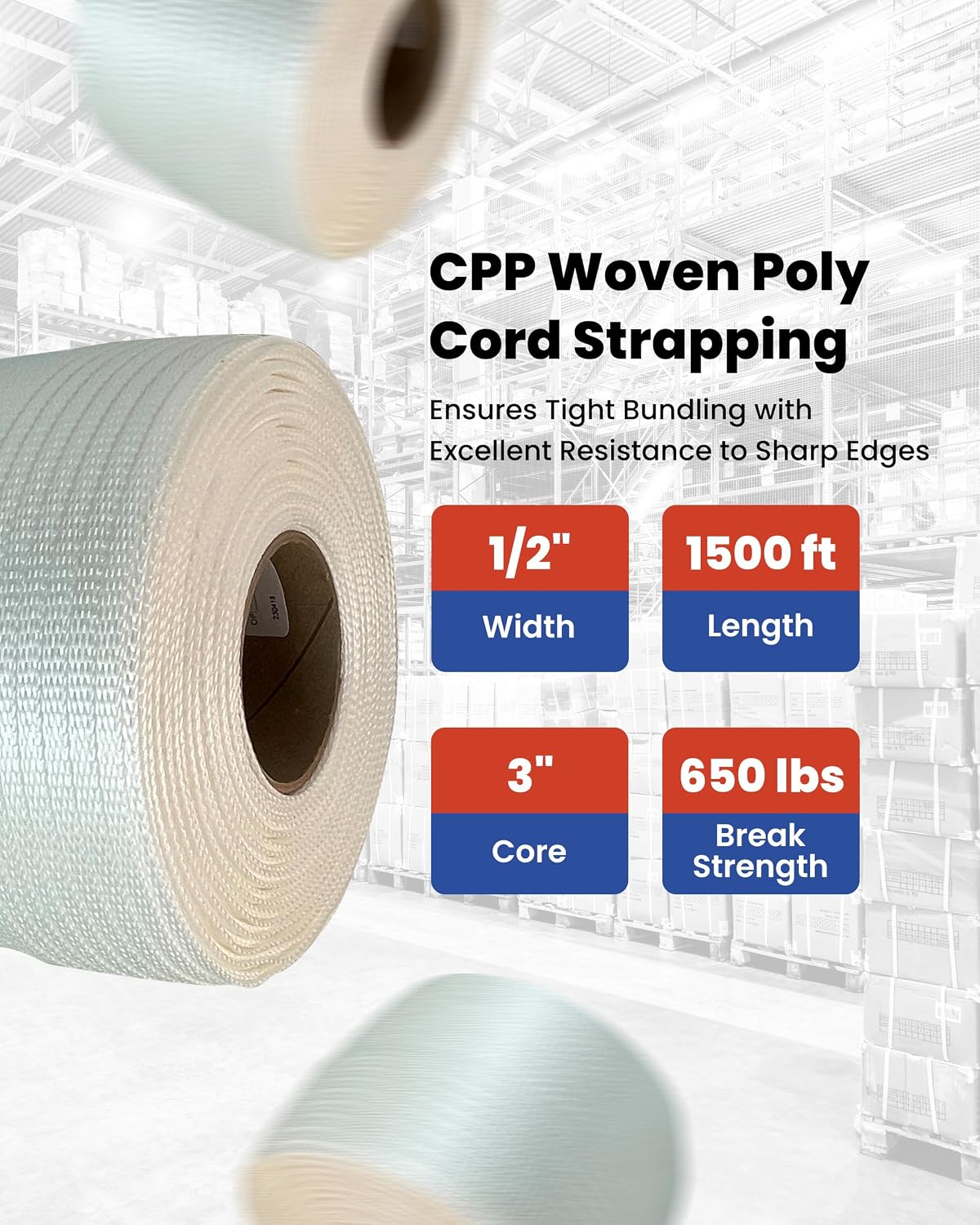 CPP 1/2" x 1500' Woven Polyester Strapping Cord - 650 lbs Break Strength, Heavy Duty Strapping - Water, UV, Corrosion