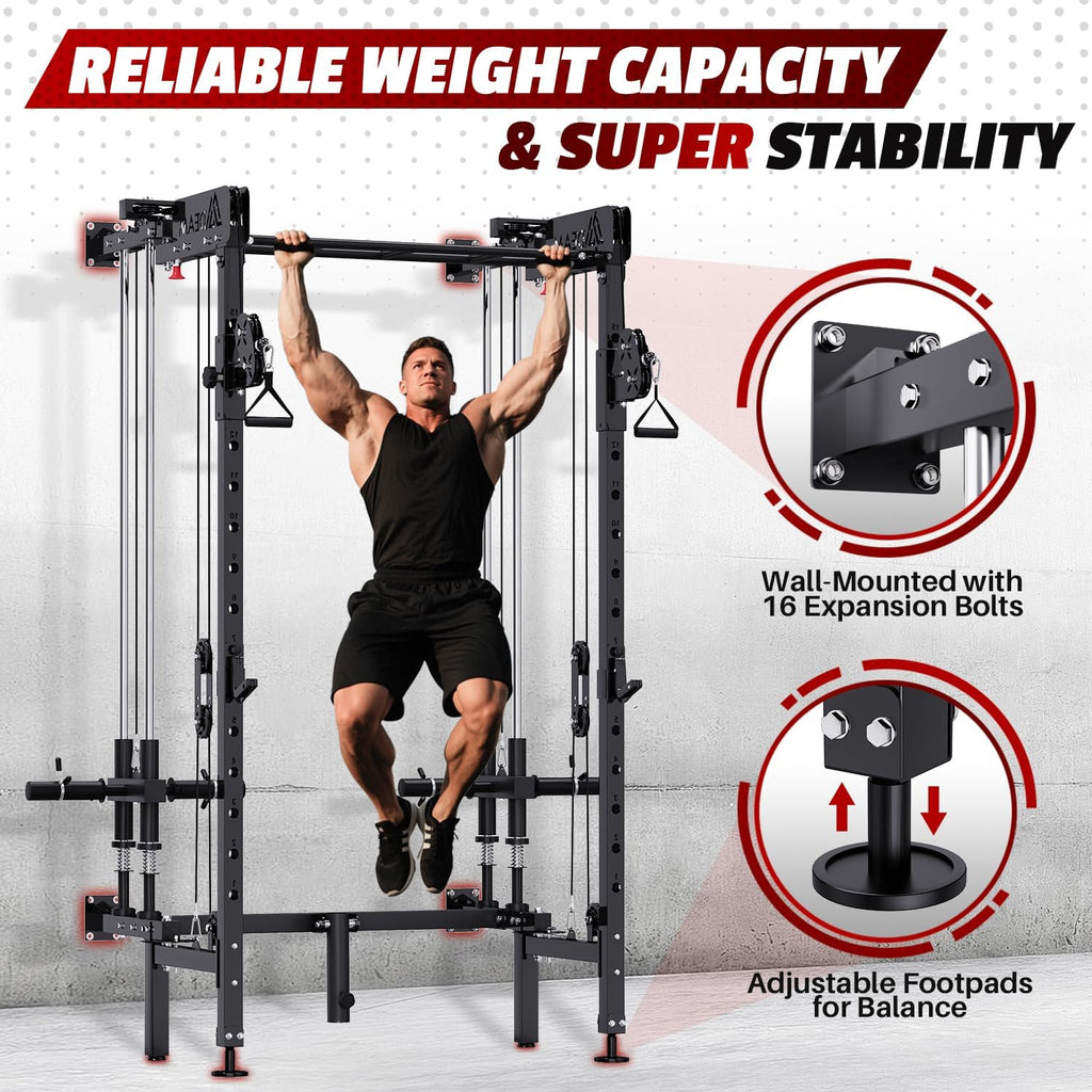 Folding Squat Rack, Wall Mounted Power Rack with Dual Pulley System | Space Saving, All-in-one Trainer, with Cable