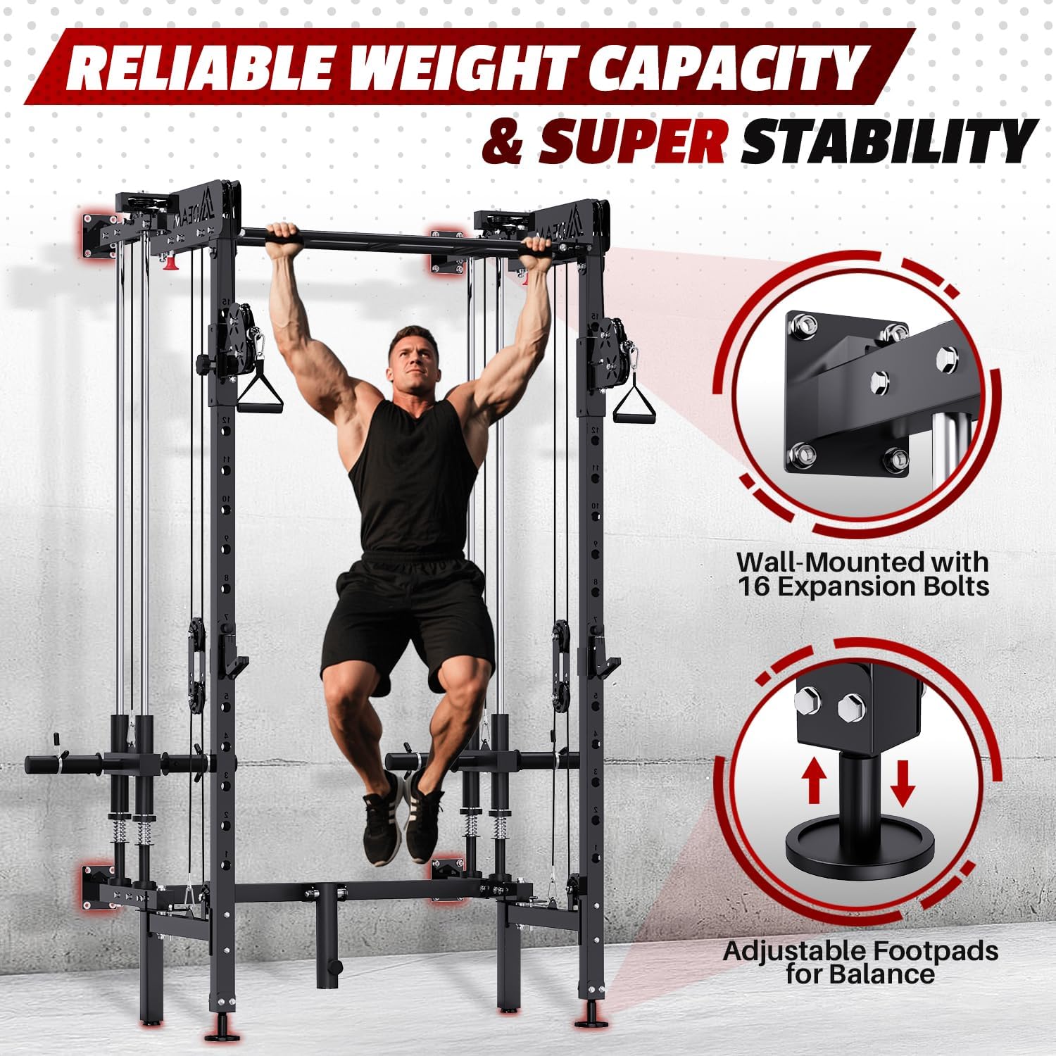 Folding Squat Rack, Wall Mounted Power Rack with Dual Pulley System | Space Saving, All-in-one Trainer, with Cable