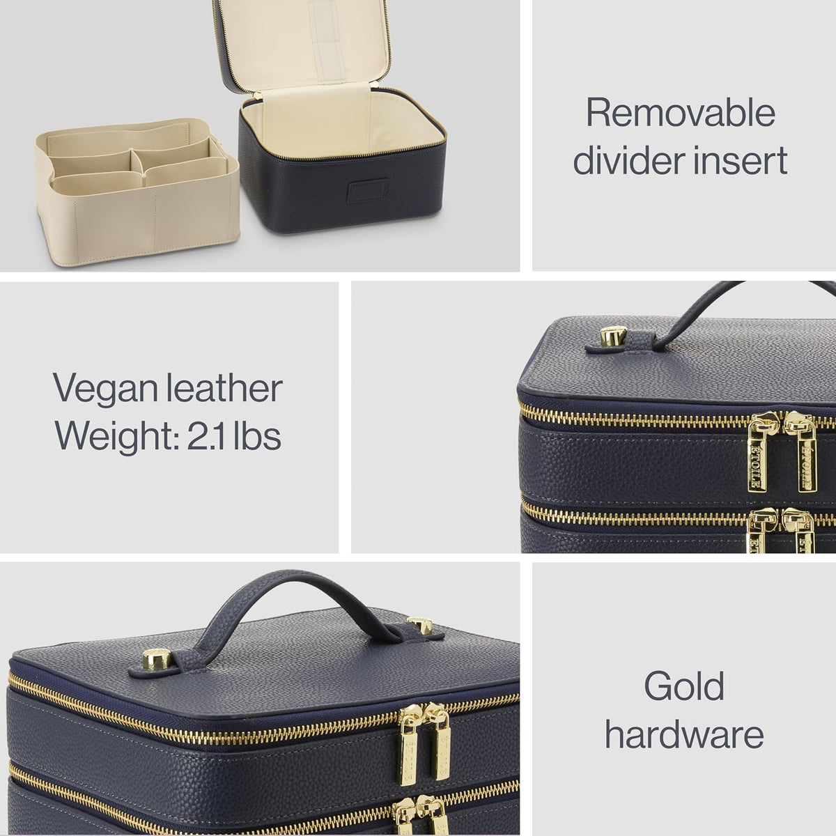 Duo Vanity Case Navy - Large Functional Travel Makeup Bag Organizer with Removable Divider & Mirror