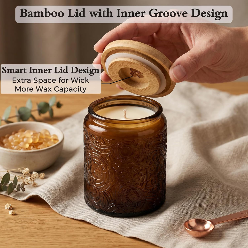 8 oz Mocha Sun Moon Stars Candle Jars with Bamboo Lids, 9 Pack | Patented Embossed Design, Includes Wick Centering