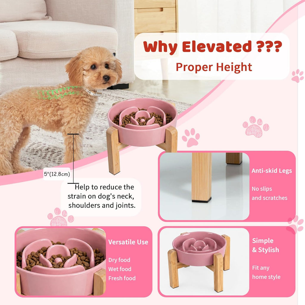 Elevated Slow Feeder Dog Bowl - Ceramic Maze Food Dish with Bamboo Stand - Raised Feeding Bowl for Fast Eaters
