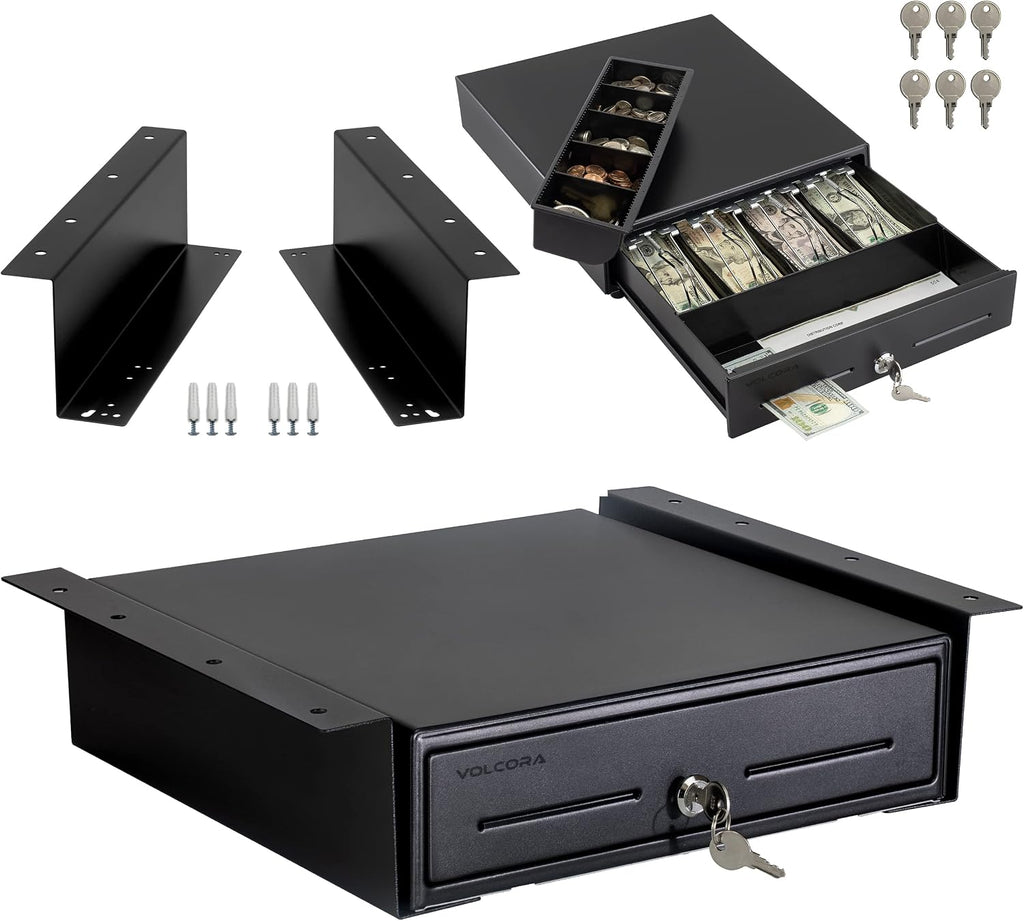 13" Electronic Cash Register Drawer with Under Counter Mounting Metal Bracket - POS, 4 Bill 5 Coin Cash Tray