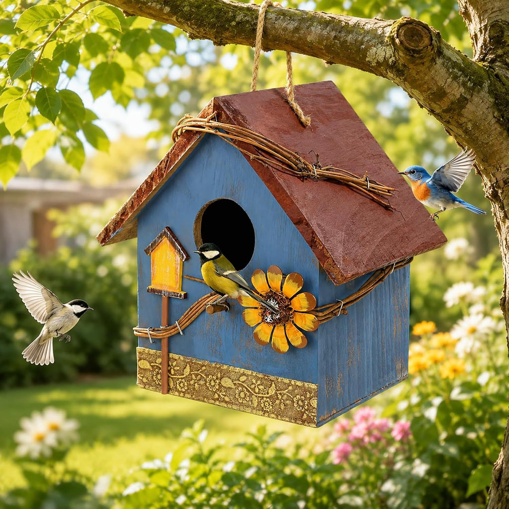 Bird Houses for Outside Clearance, Hanging Birdhouses for Outdoors, Garden Wooden Blue Bird Houses for Outdoors, Bird