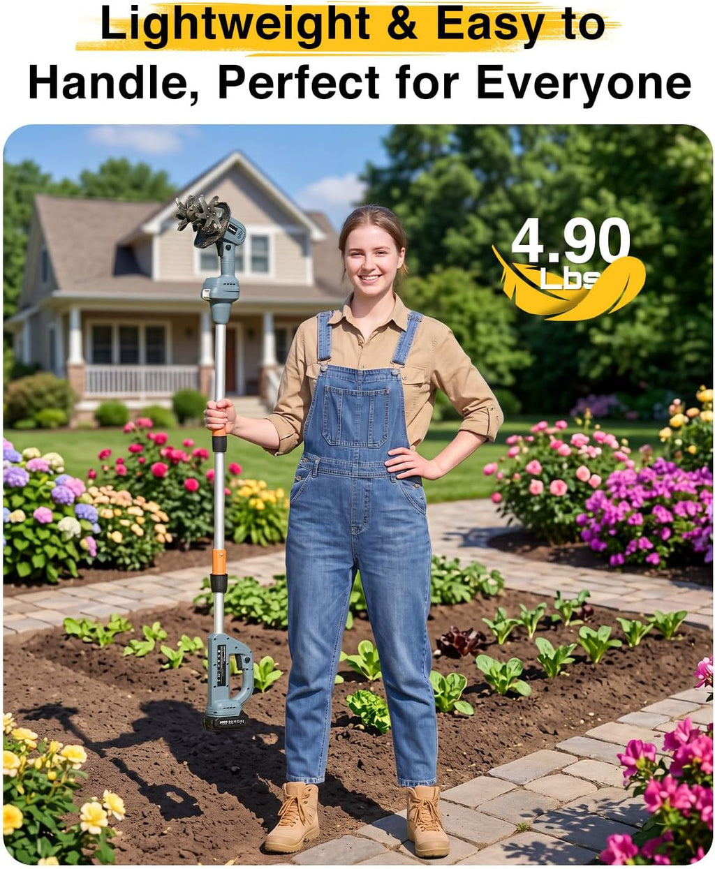 2-in-1 Cordless Tiller Cultivator, 20V Electric Rototiller with Detachable Extension Pole, 2×2.0Ah Battery