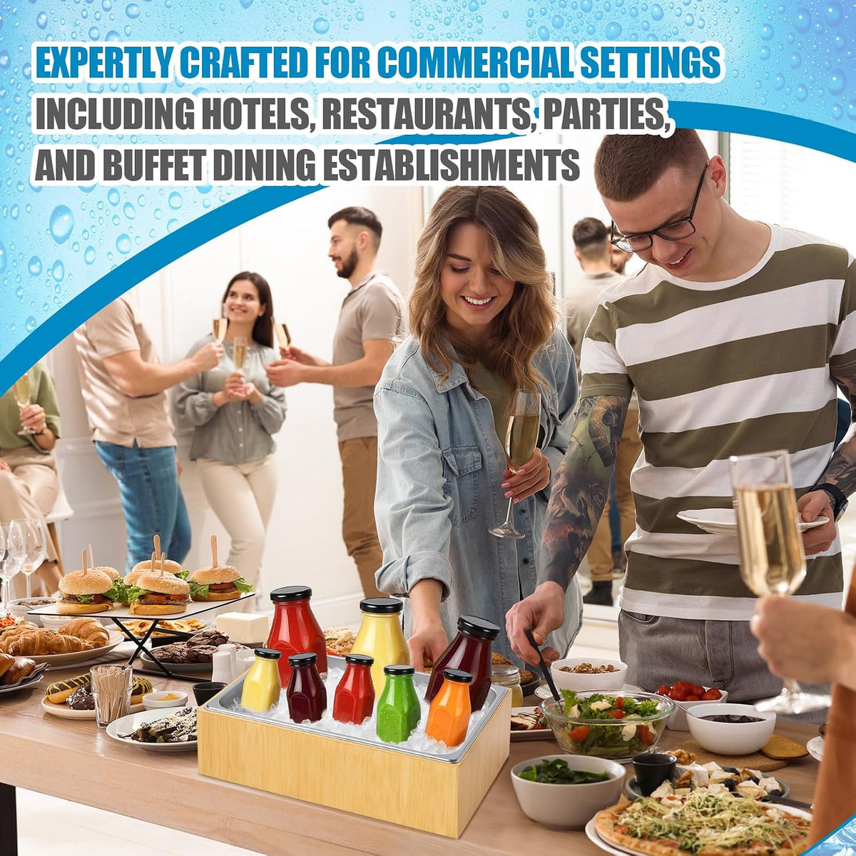 Large Bamboo Ice Bin with Removable Steel Tray for Party Buffet Drinks
