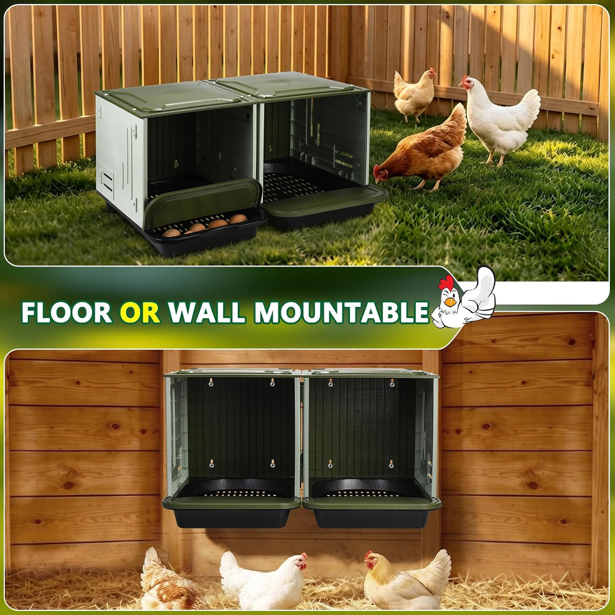 Roll Away Nesting Boxes for Chickens, 2 Compartment Chicken Nesting Box, Egg Collection Chicken Coop Nest Box (Large)
