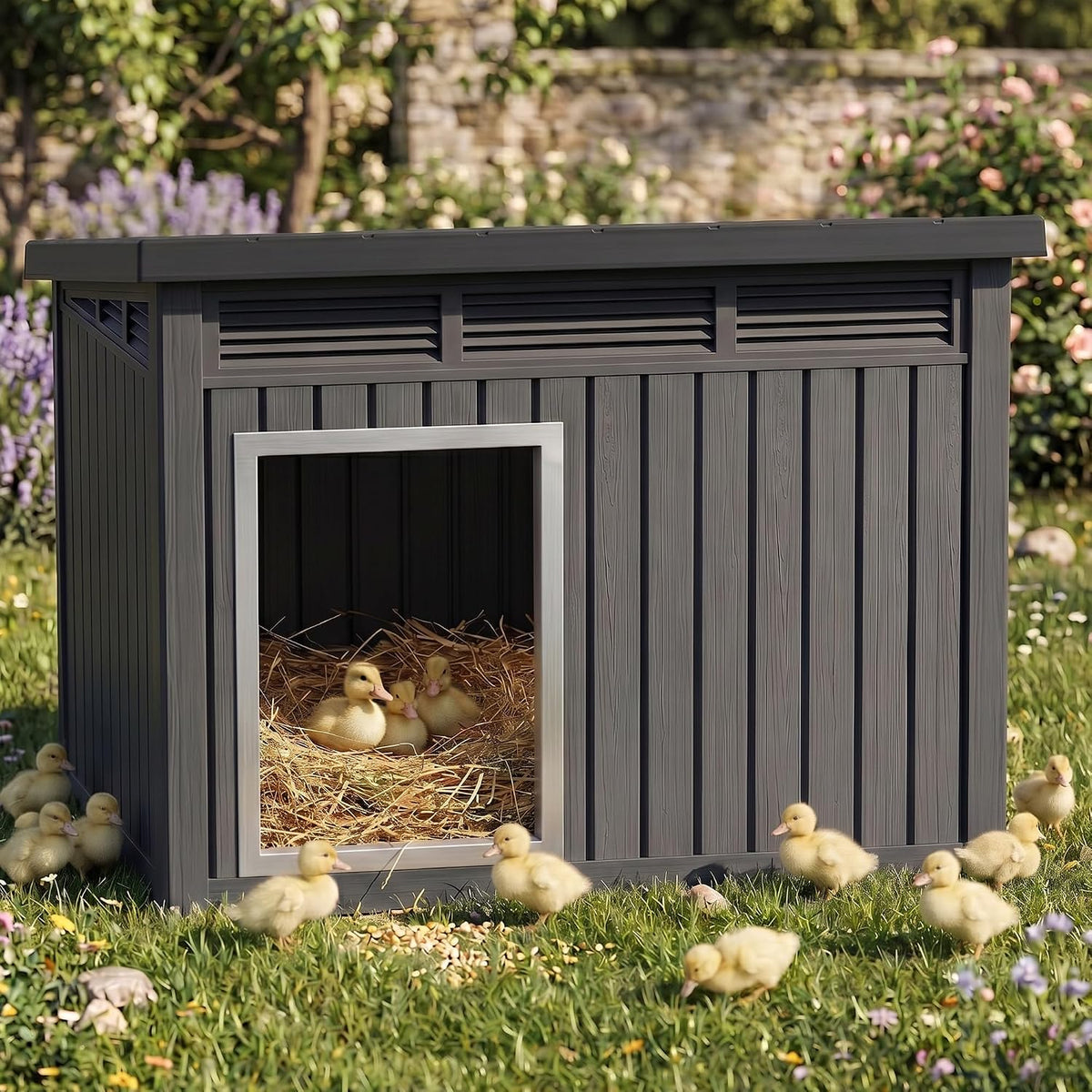 43'' Large Outdoor Duck House with Hydraulic Air Rod, Resin Duck Coop with Elevated Floor and Air Vents, Backyard