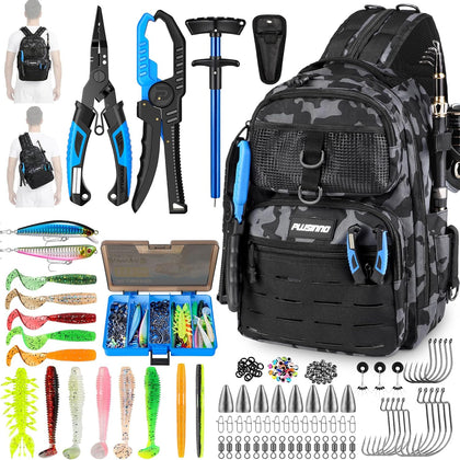 Fishing Gear, Fishing Backpack with Tackle Box, Waterproof tackle Backpack with Rod Holders, Lures, Tools, Pliers &