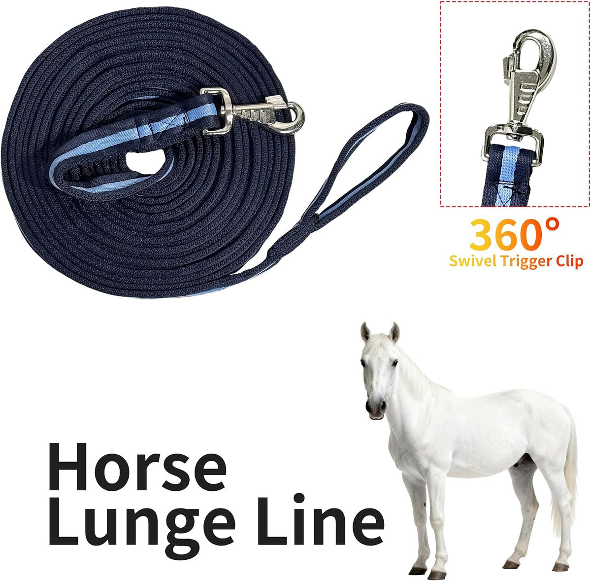 26FT Horse Lunge Line with Tangle-Free Swivel Snap,Quick Release,Heavy Duty Flat Training Rope for Lunging