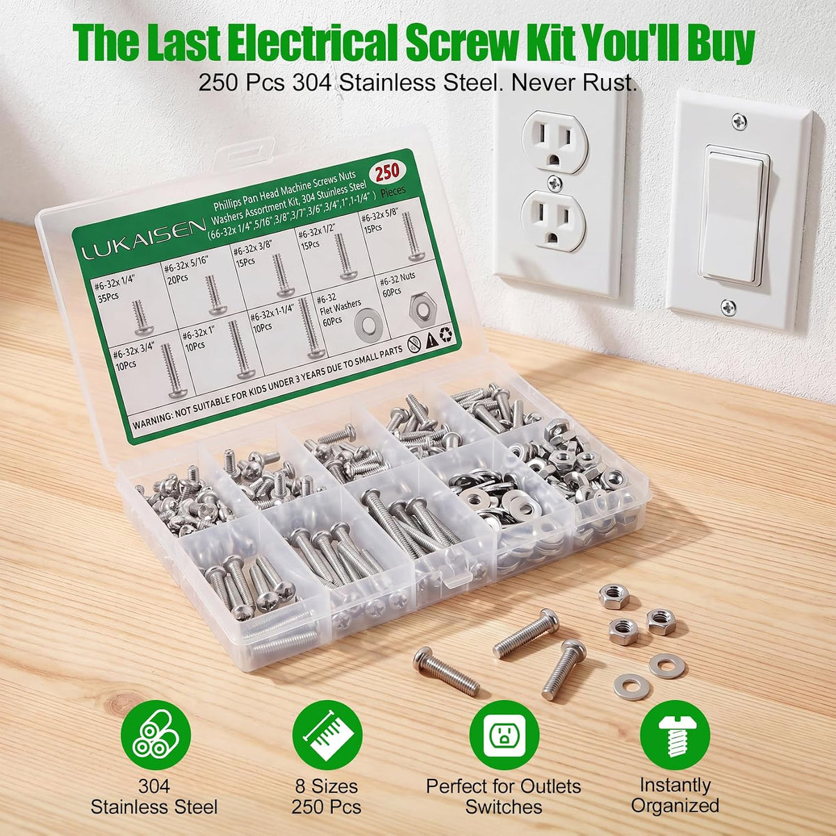 250 Pcs #6-32 Pan Head Machine Screws Nut Washer Bolt Kit,304 SS