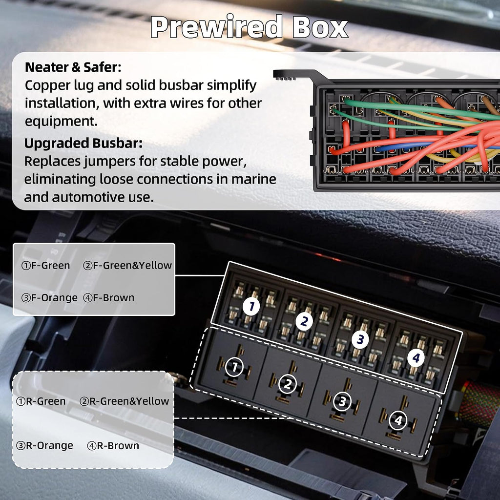 Waterproof 12v Fuse Relay Box 12 ATO/ATC Fuse and 4 Way Relay Block with Pre-Wired Harness for Marine, Automotive Car