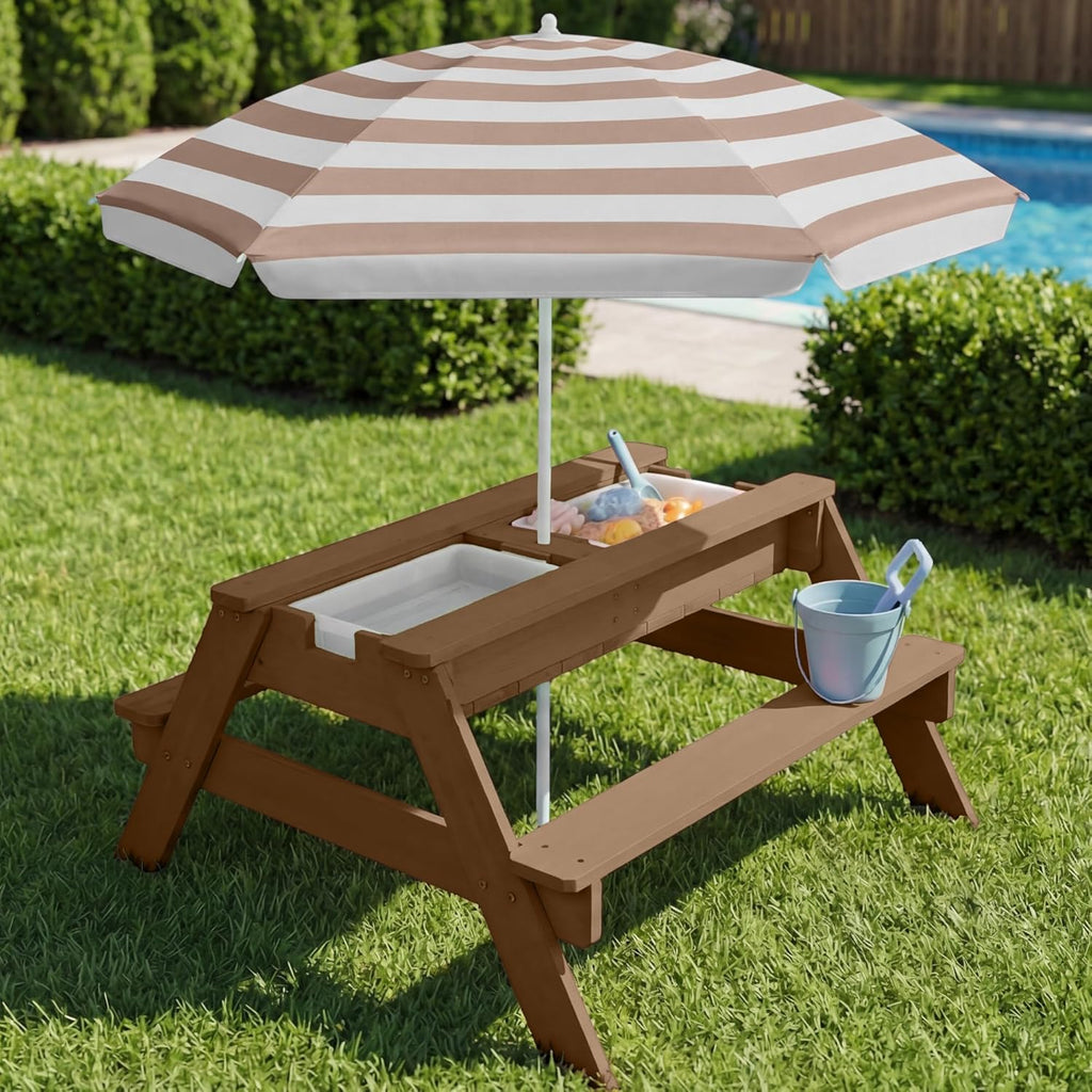 Kids Picnic Table with Umbrella, 3-in-1 Sand & Water Table, Outdoor Convertible Picnic Table for Toddlers, Seats 4