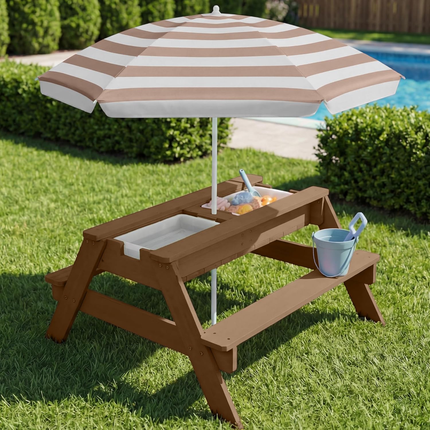 Kids Picnic Table with Umbrella, 3-in-1 Sand & Water Table, Outdoor Convertible Picnic Table for Toddlers, Seats 4